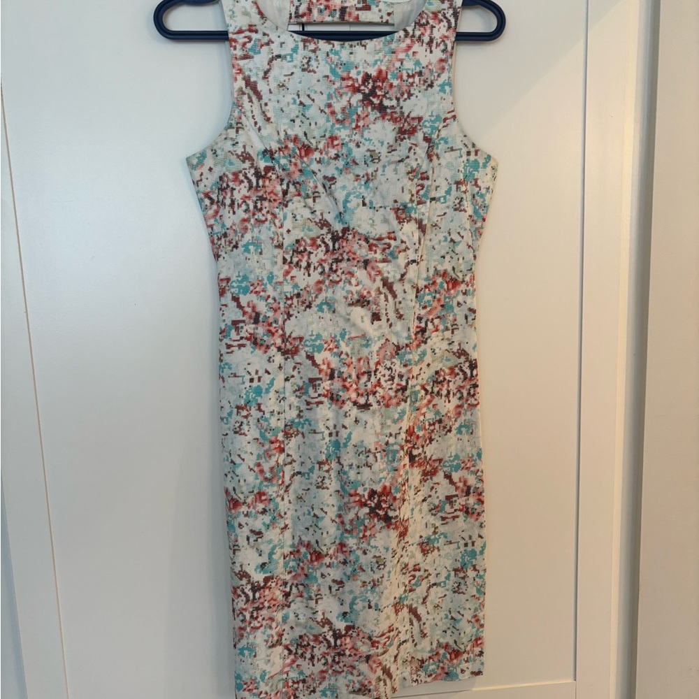 Green and Pink (multi colour, pixel like print) Halter Sheath Mini Dress.
